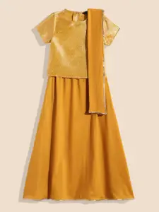 House of Pataudi Girls Yellow Embroidered Ready to Wear Lehenga & Blouse With Dupatta