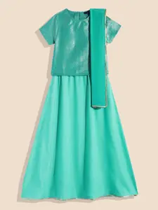 House of Pataudi Girls Teal Green Embroidered Ready to Wear Lehenga & Blouse With Dupatta