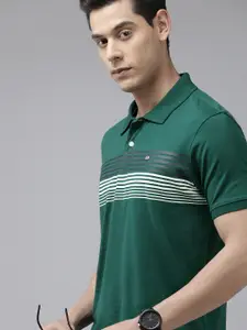 Arrow Men Teal Green & Grey Multi Stripes Polo Collar Pure Cotton Applique T-shirt