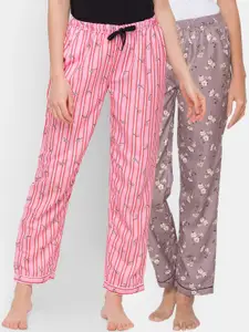 FashionRack Women Pack of 2 Pink Brown Printed Cotton Lounge Pants