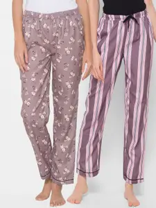 FashionRack Women Pack of 2 Brown & Pink Printed Cotton Lounge Pants