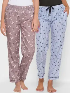 FashionRack Pack of 2 Women Brown & Grey Printed Lounge Pants