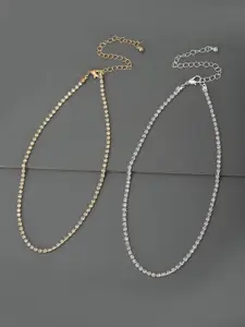 Carlton London Set of 2 Silver & Gold Toned CZ Studded Gold and Rhodium Plated Necklace