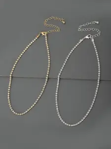 Carlton London Set of 2 Silver & Gold Toned CZ Studded Gold and Rhodium Plated Necklace