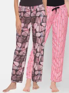 FashionRack Pack of 2 Black & Pink Printed Cotton Lounge Pants