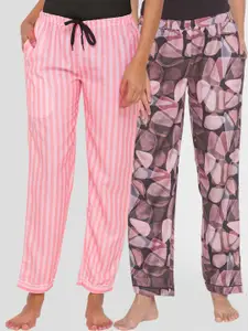 FashionRack Women Black & Pink Pack of 2 Printed Stripes Lounge Pants