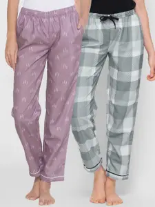 FashionRack Women Pack of 2 Purple & Grey Printed Cotton Lounge Pants