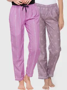FashionRack Women Pack Of 2 Purple & Grey Printed Cotton Lounge Pants