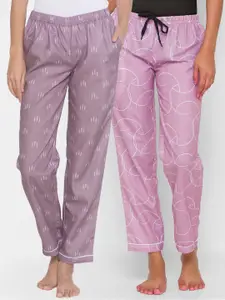 FashionRack Pack of 2 Women Purple & Pink Printed Cotton Lounge Pants