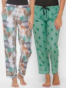 FashionRack Women Pack of 2 Beige & Green Scribble Cactus Printed Cotton Lounge Pants
