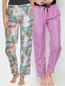 FashionRack Women Pack of 2 Beige & Purple Printed Cotton Lounge Pants
