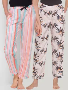 FashionRack Pack of 2 Beige & Pink Printed Cotton Lounge Pants