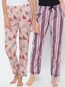 FashionRack Women Pack of 2 Beige & Pink Printed Cotton Lounge Pants