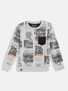 Monte Carlo Boys Grey Melange & Black Graphic Printed Sweatshirt