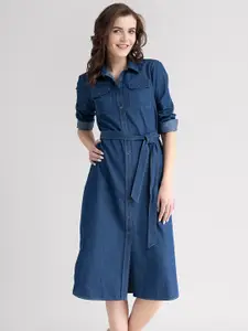 FableStreet Navy Blue Solid Denim Shirt Dress