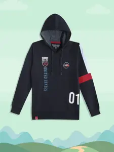 Monte Carlo Boys Navy Blue & White Typography Printed Hooded Sweatshirt