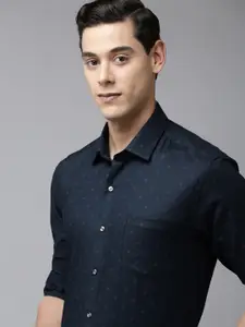 Arrow Men Navy Blue Self-Design Manhattan Slim Fit Pure Cotton Formal Shirt