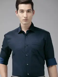 Arrow Men Navy Blue Manhattan Slim Fit Printed Pure Cotton Formal Shirt