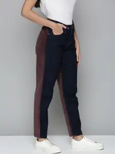 Levis Women Blue And Maroon Tapered Fit High-Rise Colourblocked Stretchable Jeans
