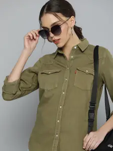 Levis Women Olive Green Pure Cotton Denim Regular Weave Casual Shirt