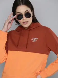 Levis Women Red And Orange Colourblocked Hooded Pullover Sweatshirt