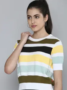 Levis Women White & Olive Green Striped Sweatshirt