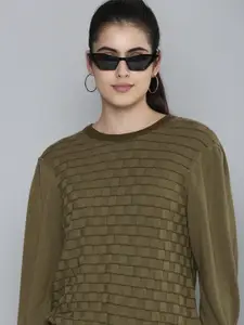 Levis Women Olive Green Checked Sweatshirt