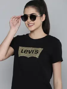 Levis Women Black Brand Logo Printed Pure Cotton Casual T-shirt