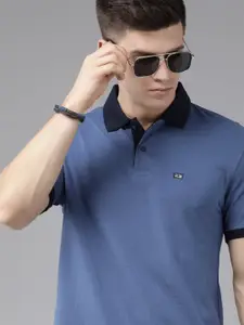 Arrow Men Blue Solid Polo Collar Embroidered Indigo Pure Compact Cotton Slim Fit T-shirt