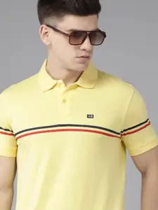 Arrow Men Yellow Striped Polo Collar Pure Cotton T-shirt