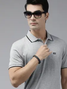 Arrow Men Grey Embroidered Polo Collar Pure Cotton T-shirt