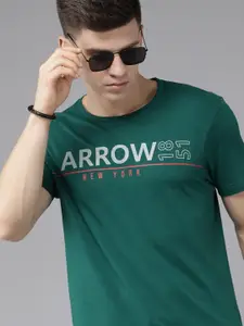 Arrow Men Green Brand Logo Print Round Neck Pure Cotton Slim Fit T-shirt