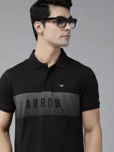 Arrow Men Black Brand Logo Printed And Striped Polo Collar Pure Cotton T-shirt