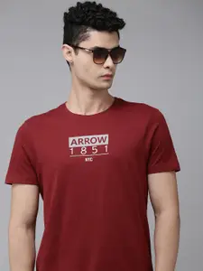 Arrow Men Red Typography Printed Pure Cotton T-shirt