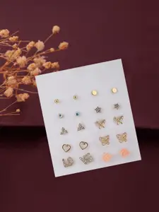 Carlton London Set of 10 Gold-Toned & Pink Contemporary Studs Earrings
