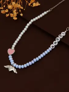 Carlton London Girls White & Blue Rhodium-Plated Enamelled Necklace
