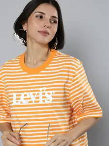 Levis Women Orange & White Striped Pure Cotton T-shirt