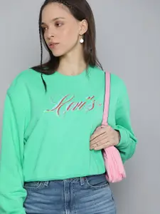 Levis Women Sea Green Printed Drop-Shoulder Sleeves Sweatshirt