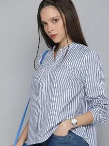 Levis White & Navy Blue Striped Mandarin Collar Shirt Style Top