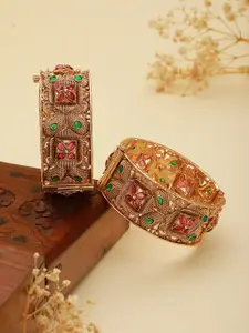 Saraf RS Jewellery Set Of 2 Green & Red Stone-Studded Gold Plated Bangle