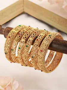 Saraf RS Jewellery Set Of 6 Gold-Plated Red & Green AD-Studded Bangles
