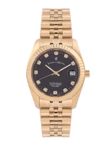 JACQUES du MANOIR Women Black Brass Embellished Dial & Gold Toned Stainless Steel Bracelet Style Straps Watch