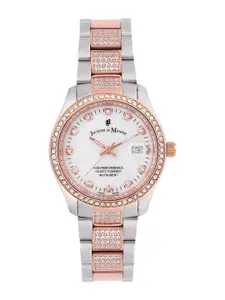 JACQUES du MANOIR Women White Brass Embellished Dial & Silver Toned Stainless Steel Bracelet Style Straps Watch