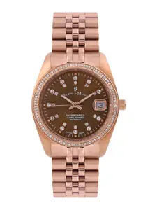 JACQUES du MANOIR Women Brown Brass Embellished Dial & Rose Gold Toned Stainless Steel Bracelet Style Straps Watch