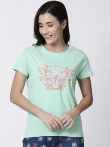 Kryptic Women Sea Green Printed Cotton  Lounge Tshirts