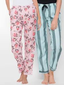 FashionRack Pack of 2 Women Pink & Blue Printed Lounge Pants