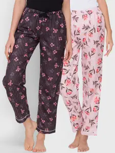 FashionRack Women Pack of 2 Pink & Brown Printed Cotton Lounge Pants