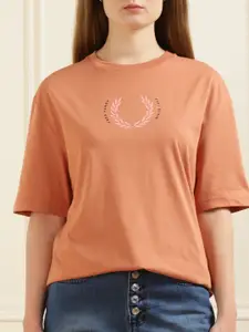 Fred Perry Women Brown Pure Cotton Brand Logo Print Placement Print Top