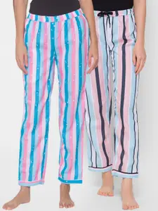 FashionRack Women Pack of 2 Blue & Pink Printed Cotton Lounge Pants