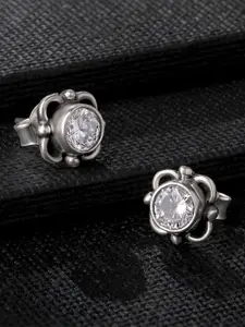 Silvora by Peora Oxidised Silver-Plated White CZ Floral 925 Sterling Silver Studs Earrings